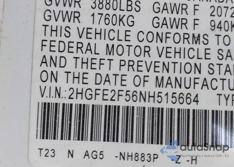 2022 Honda Civic Sport z USA, uszkodzony, nr VIN 2HGFE2F56NH515664